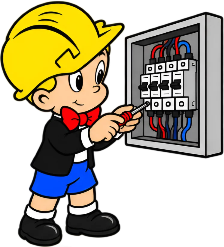 Richie the electrician character working at a commercial distribution board
